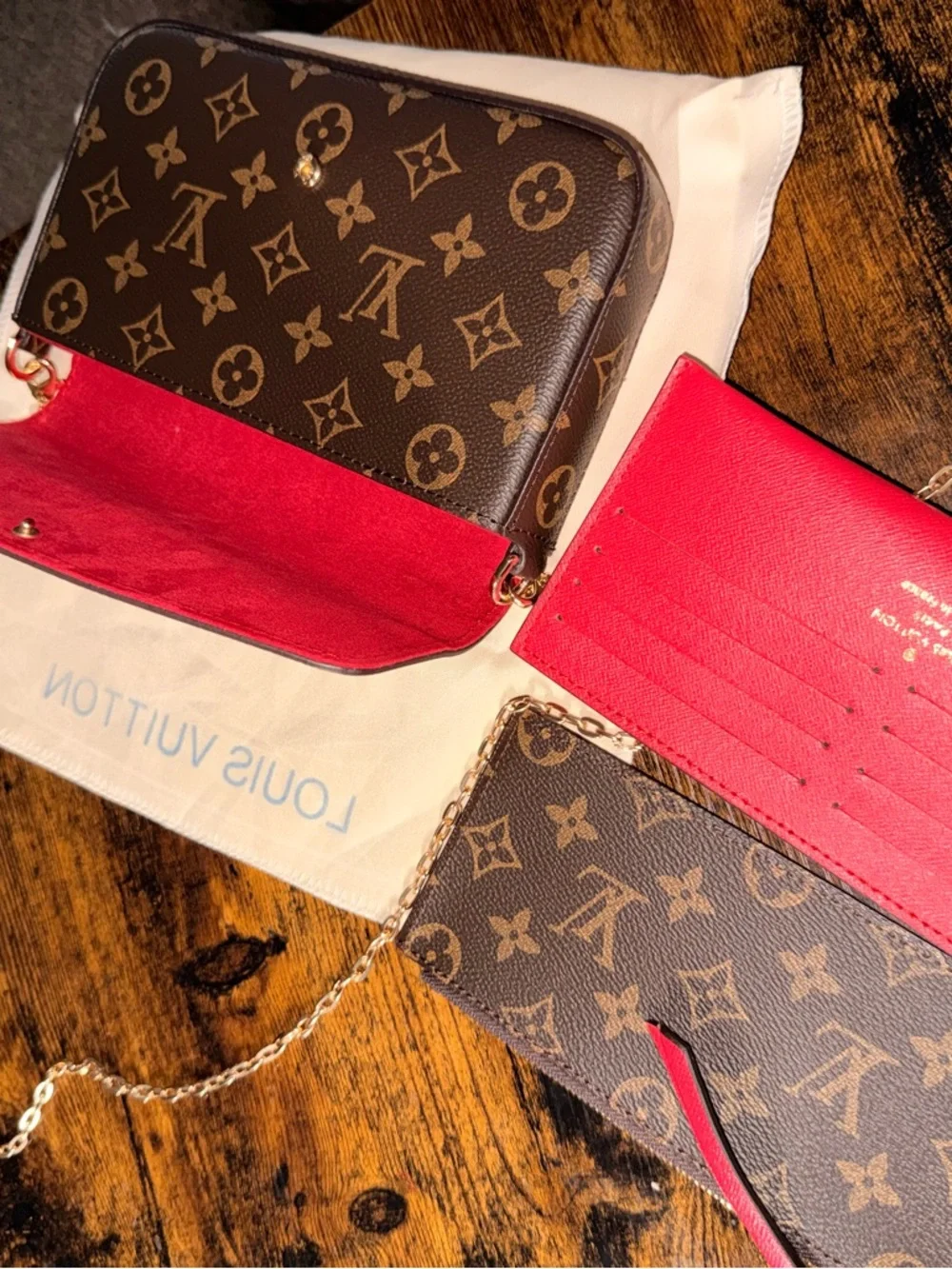Louis Vuitton Red & Monogram Chain Wallet & Purse Set -2 Wallets -Red Interior - Picture 2 of 8